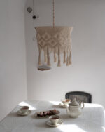 White Cotton Macramé Ceiling Pendant — Knotted Fringe Design